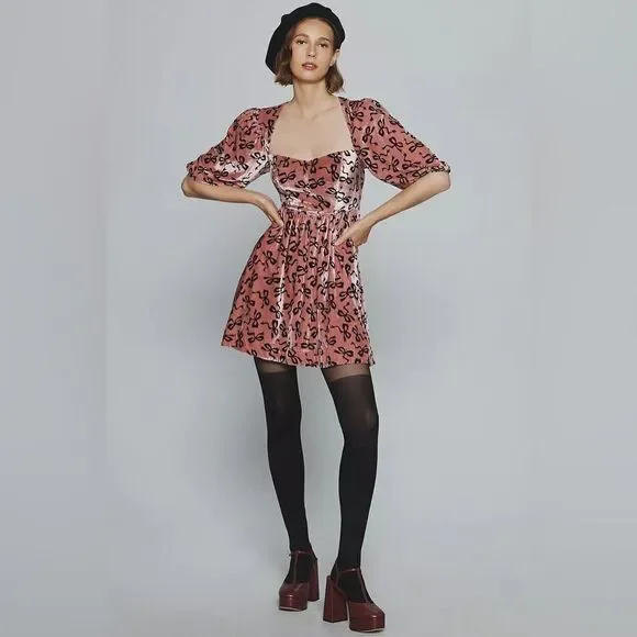 Maeve Anthropologie Sweetheart velvet mini dress bows PINK black S new